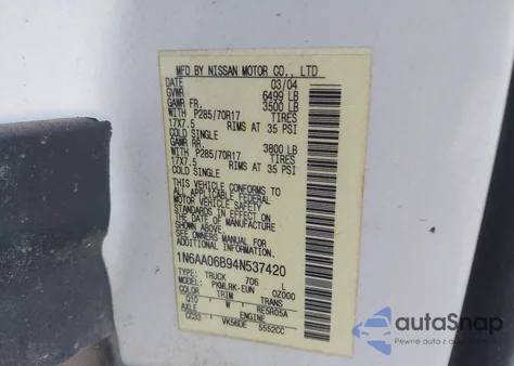 2004 Nissan Titan Xe из США, поврежденный, VIN 1N6AA06B94N537420